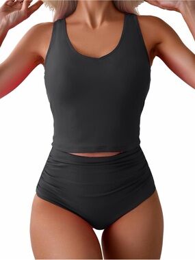 Black Tankini Swim Top and High-Waist Bottoms - Size Small
